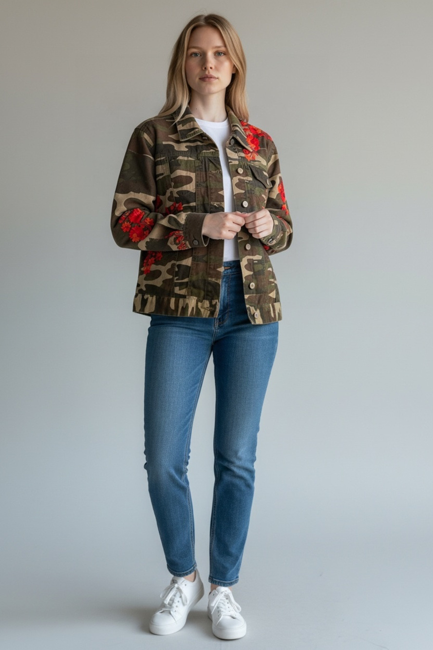 Pilcro and the Letterpress Floral Embroidered Camo Denim Jacket